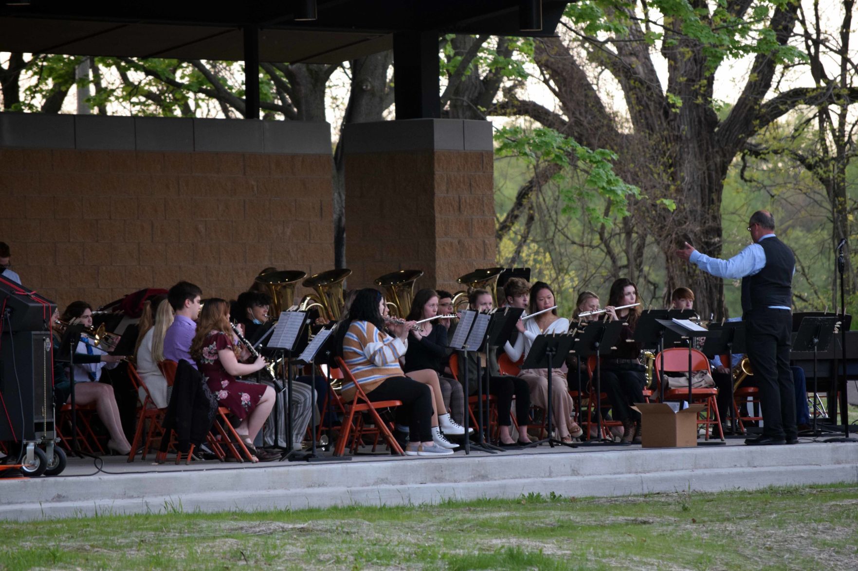 Portage High School band plays at Pauquette Park pavilion